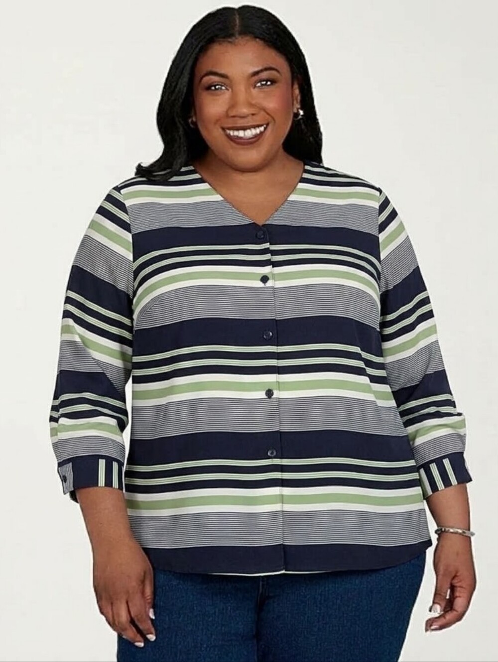 Alfred Dunner Navy Green Striped Collarless Casual Office Button Down Shirt 20W